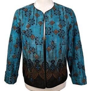 VTG 90s Coldwater Creek Open Blazer Jacket Womens 8P Blue Black Ombre Boho Print
